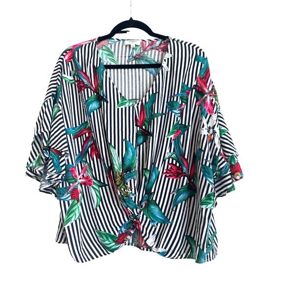 Umgee Tops - Umgee Black and White Striped with Tropical Floral Print Front Knot Blouse